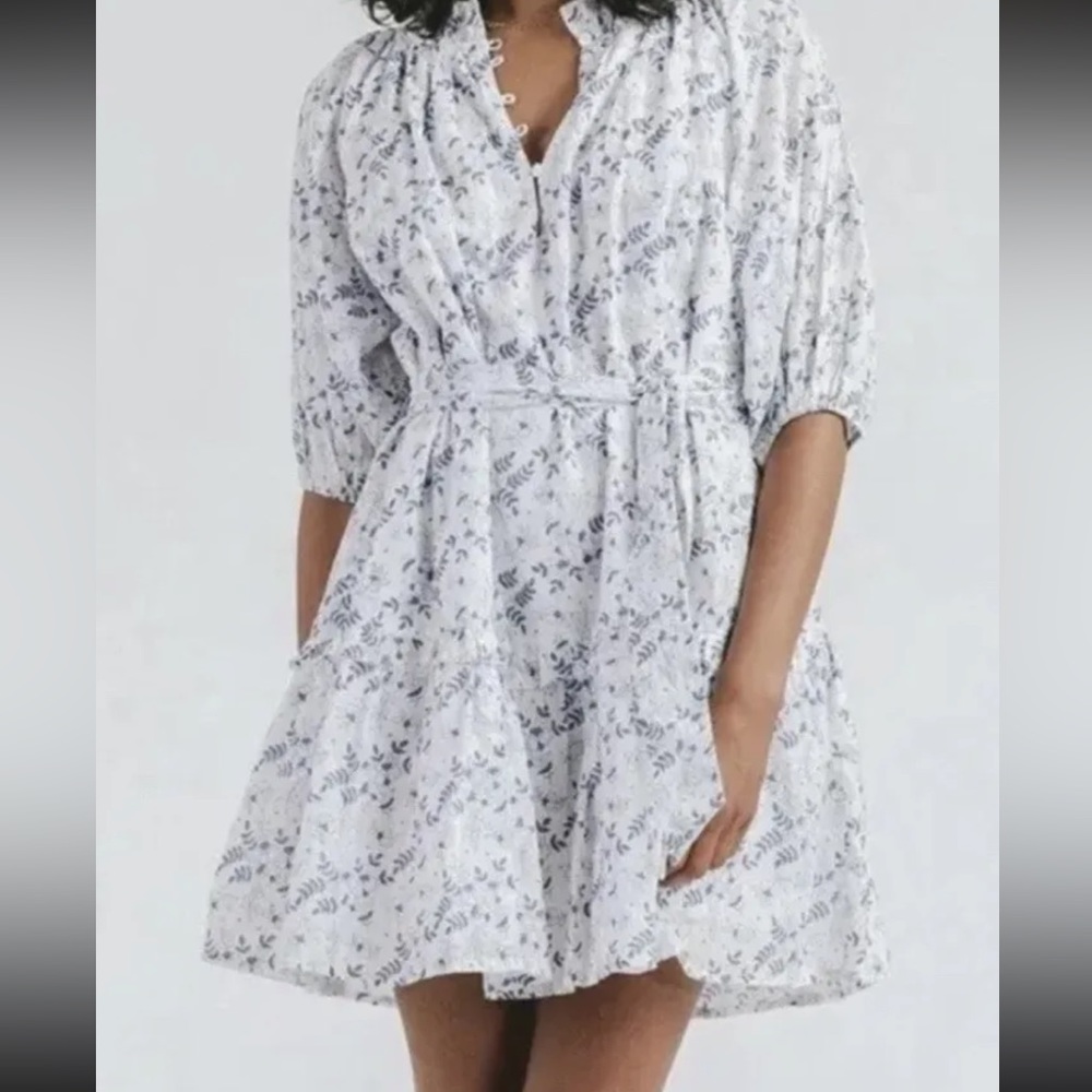 Cleobella Blue White Floral Cotton Puff Sleeve Nevah Mini Size Small Sundress